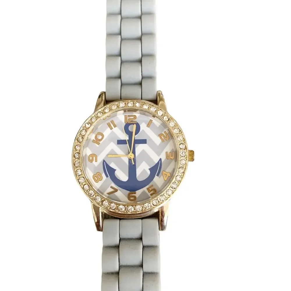 Charming Charlie Grey Navy Anchors Away Rhinestone Bezel Quartz Movement Watch